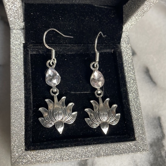 Sterling silver lotus flower earrings crystal drop - Picture 7 of 13